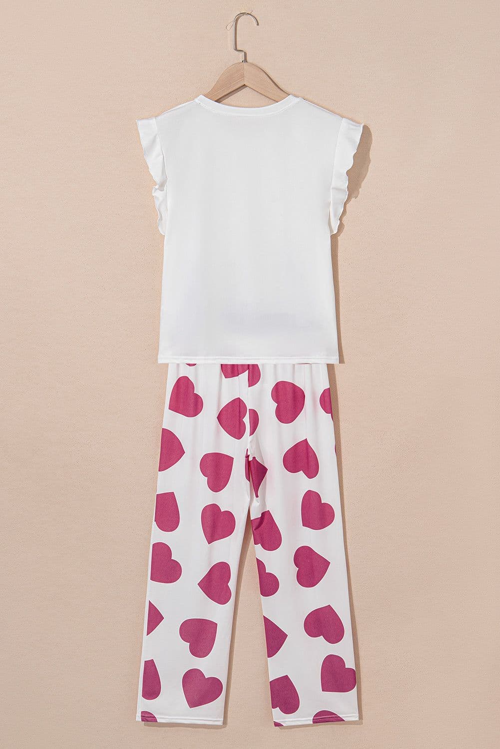 image-Pink Ruffled Tank Top And Heart Print Pants Lounge Set