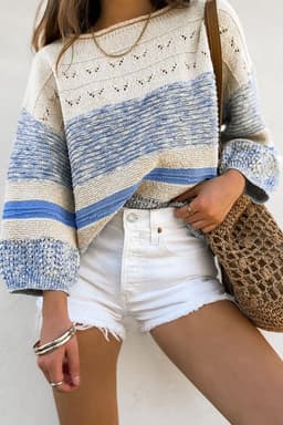 image-Light Blue Puff Sleeve Open Stitch Sweater - Fashionable Relaxed Fit