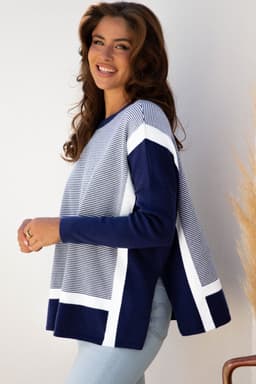 image-Green Stripe Color Block Patchwork Dolman Oversize Tunic Sweater