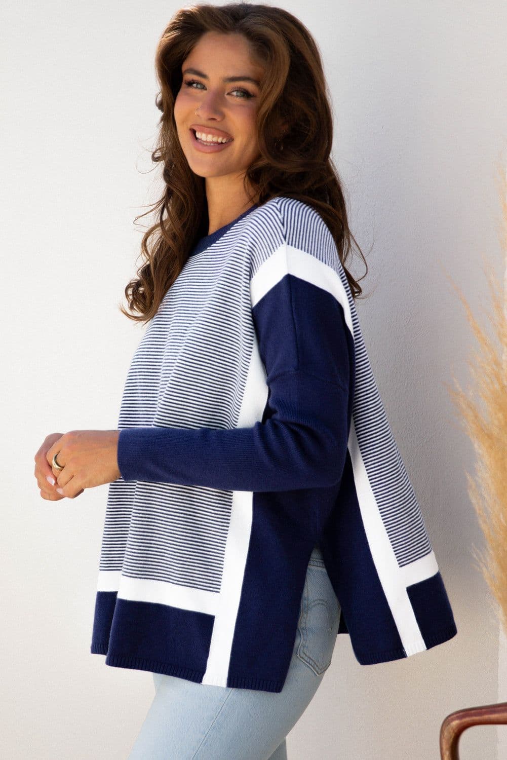 image-Green Stripe Color Block Patchwork Dolman Oversize Tunic Sweater