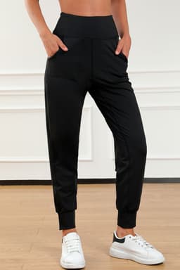 image-Black High Waist Joggers with Exposed Seam & Pockets