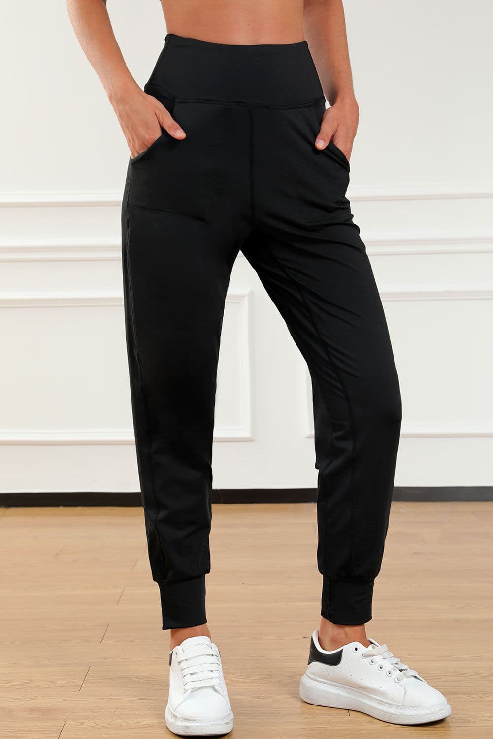 image-Black High Waist Joggers with Exposed Seam & Pockets