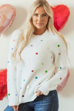 image-Beige Sequin Heart Waffle Knit Sweater (51 characters)