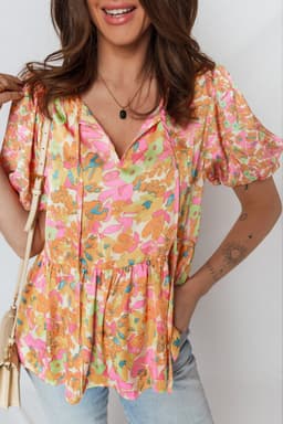 image-Orange Split V Neck Short Sleeve Flower Blouse