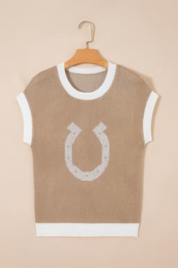 image-Goat Horse Shoe Pattern Contrast Trim Short Sleeve Sweater