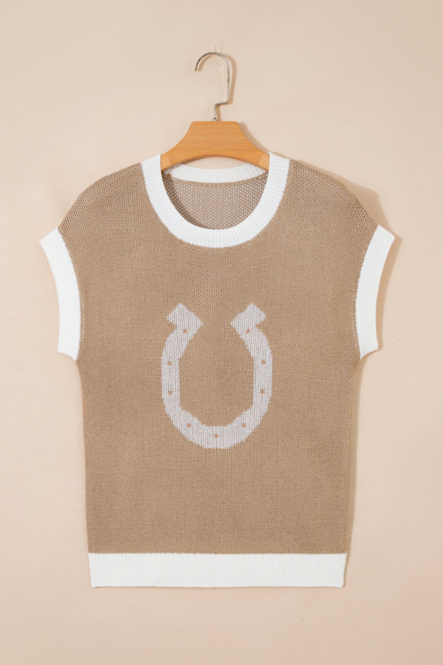 image-Goat Horse Shoe Pattern Contrast Trim Short Sleeve Sweater