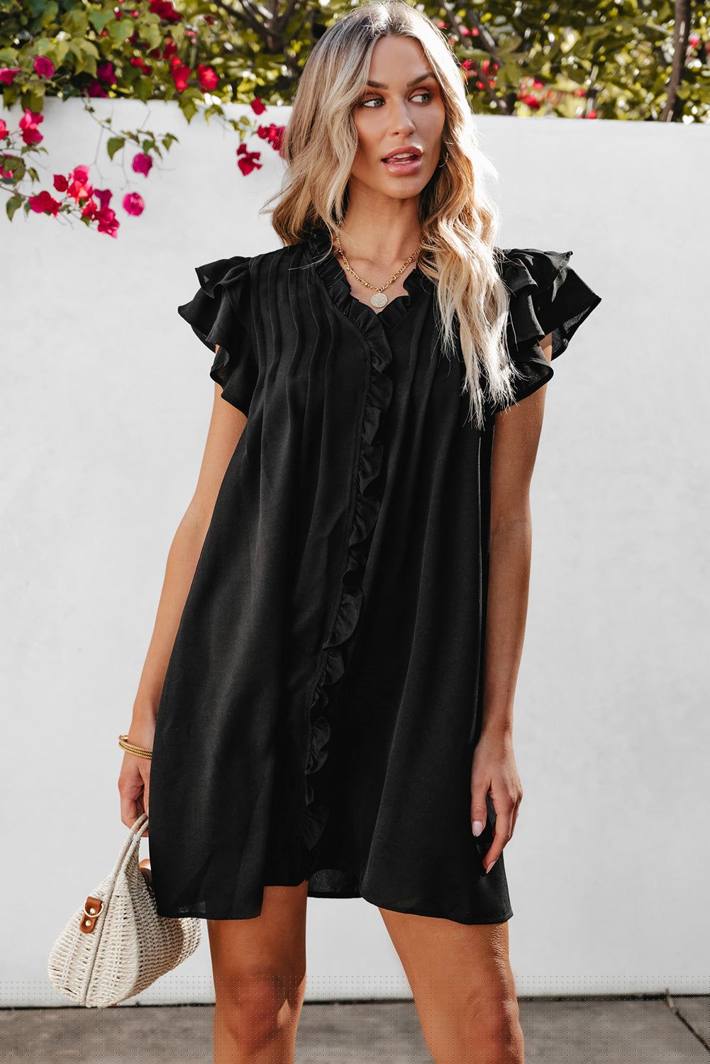image-Black Ruffle Sleeve V Neck Frilled Shift Dress