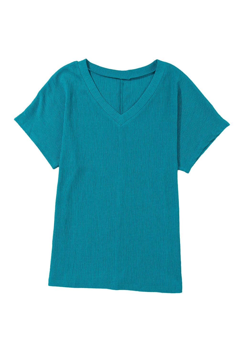 image-Blue Sapphire Crinkled V Neck T-shirt - Women's Fashion
