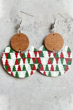 image-Dark Green Christmas Checker Graphic Wooden Earrings