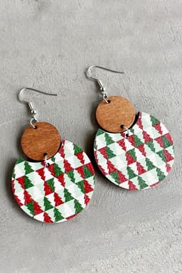 image-Dark Green Christmas Checker Graphic Wooden Earrings