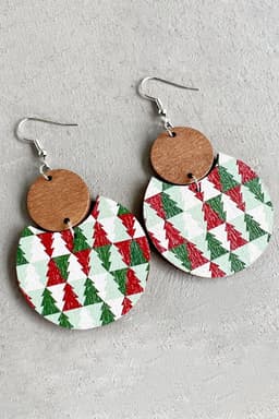 image-Dark Green Christmas Checker Graphic Wooden Earrings