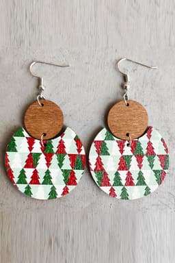 image-Dark Green Christmas Checker Graphic Wooden Earrings