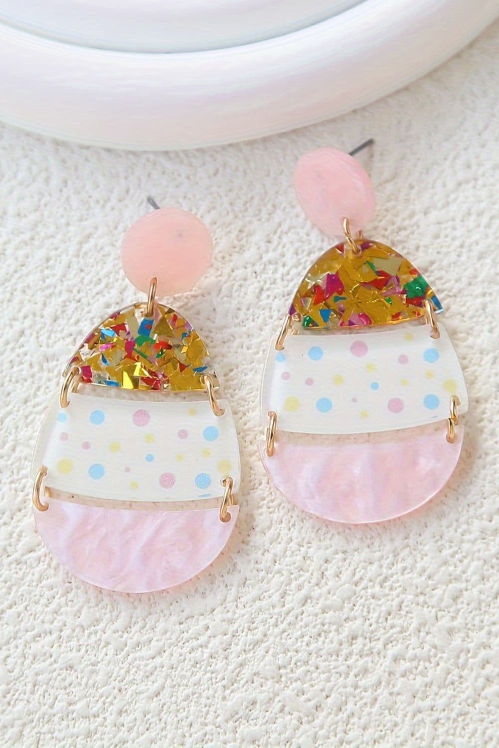 image-Pink Cute Printed Easter Egg Shape Drop Earrings