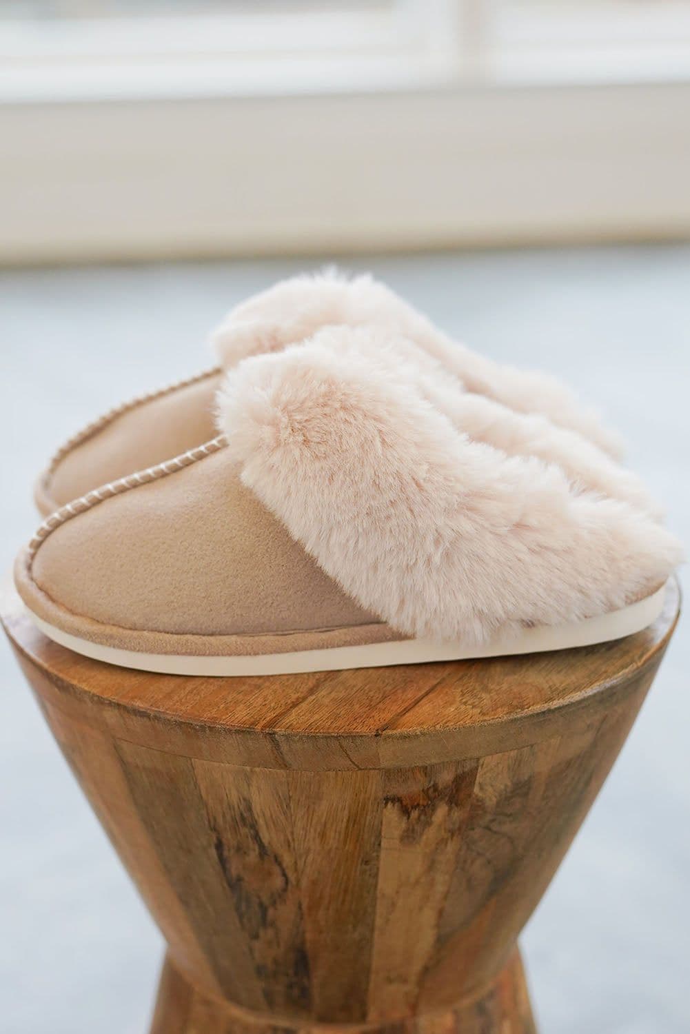image-Khaki Cut and Sew Faux Suede Plush Lined Slippers