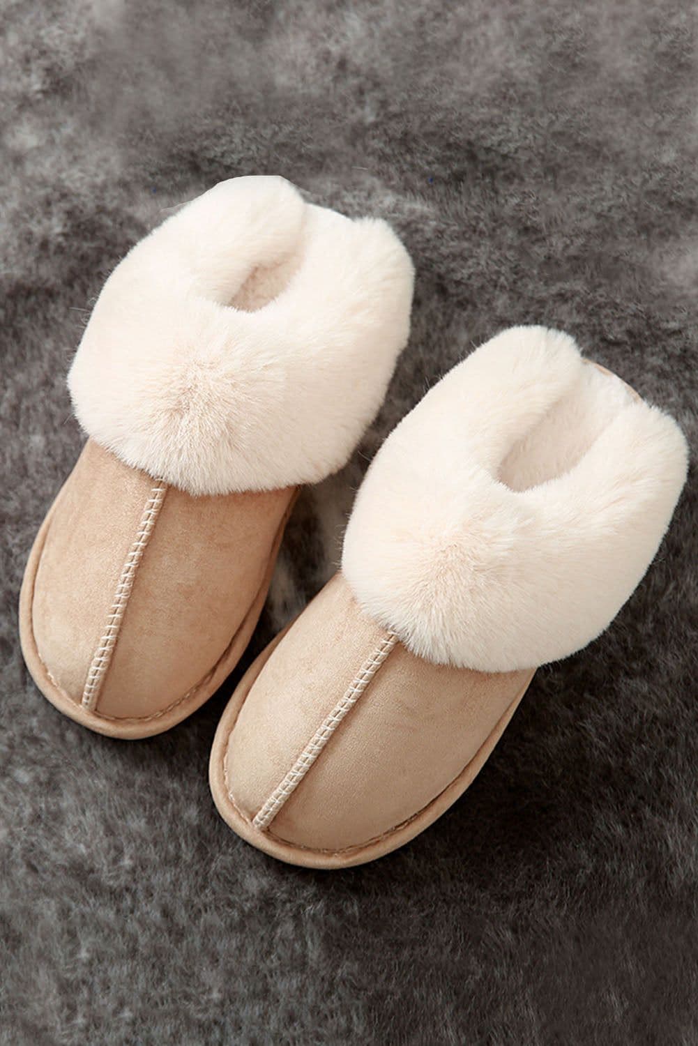 image-Khaki Cut and Sew Faux Suede Plush Lined Slippers