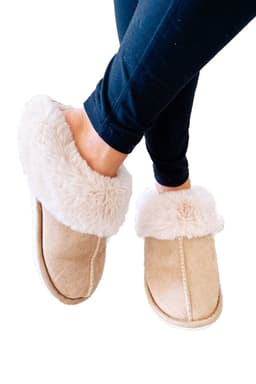 image-Khaki Cut and Sew Faux Suede Plush Lined Slippers