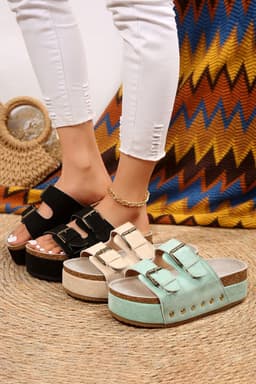 image-Black Suede Buckle Decor Footbed Sandal Slippers