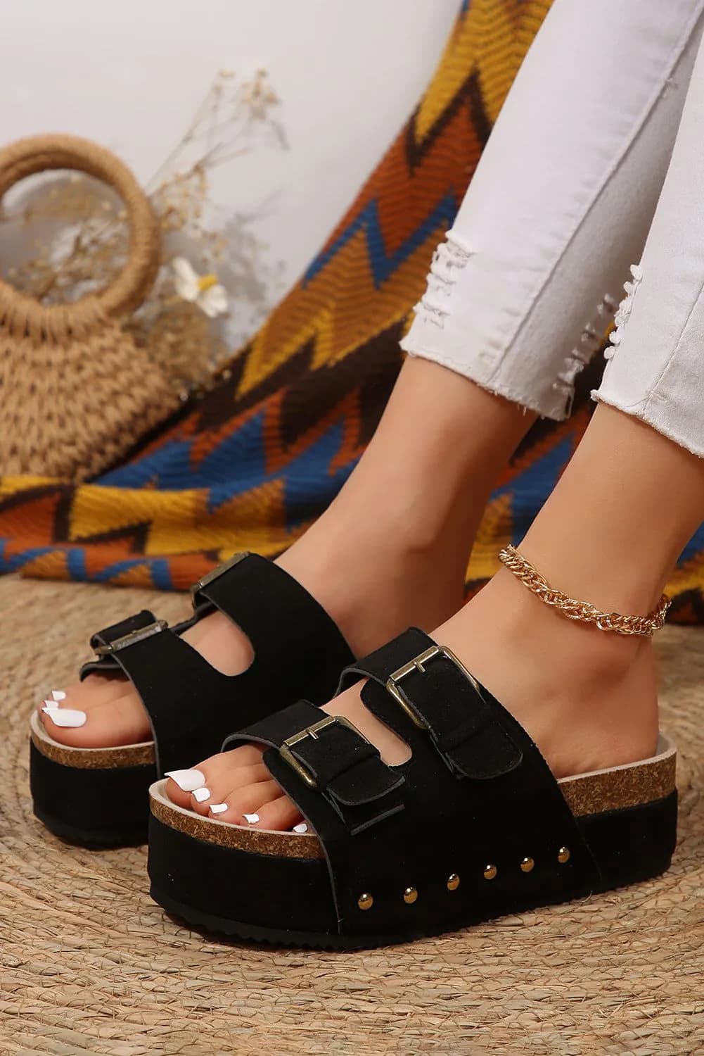 image-Black Suede Buckle Decor Footbed Sandal Slippers