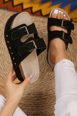 image-Black Suede Buckle Decor Footbed Sandal Slippers