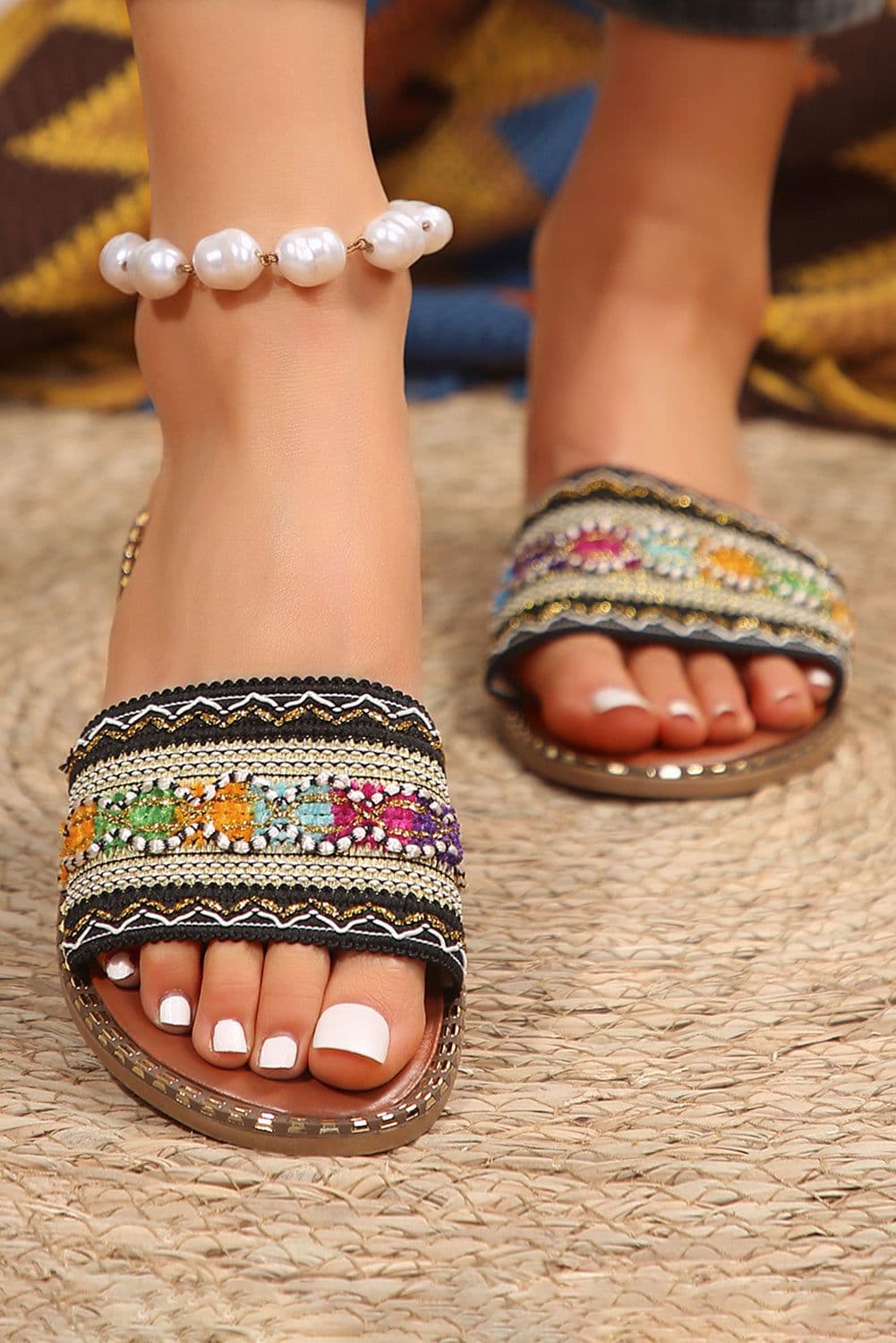 image-Chestnut Bohemian Pattern Crochet Faux Leather Beach Slippers