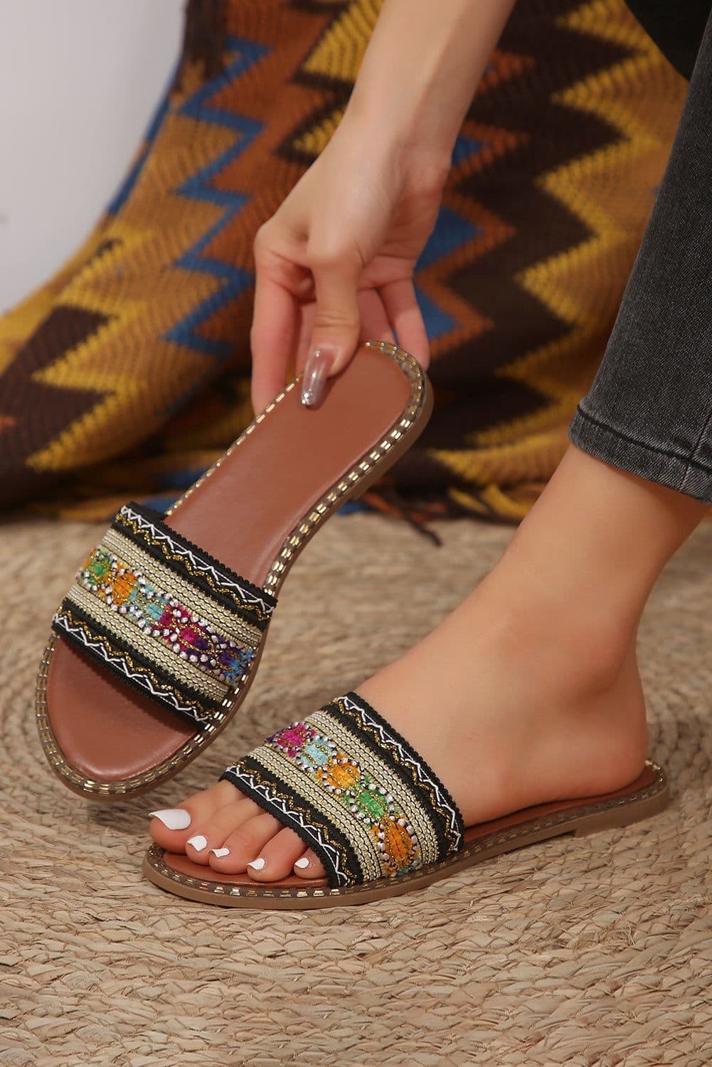 image-Chestnut Bohemian Pattern Crochet Faux Leather Beach Slippers