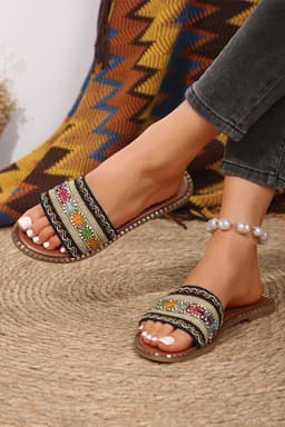 image-Chestnut Bohemian Pattern Crochet Faux Leather Beach Slippers