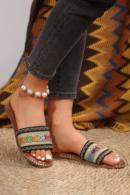 image-Chestnut Bohemian Pattern Crochet Faux Leather Beach Slippers