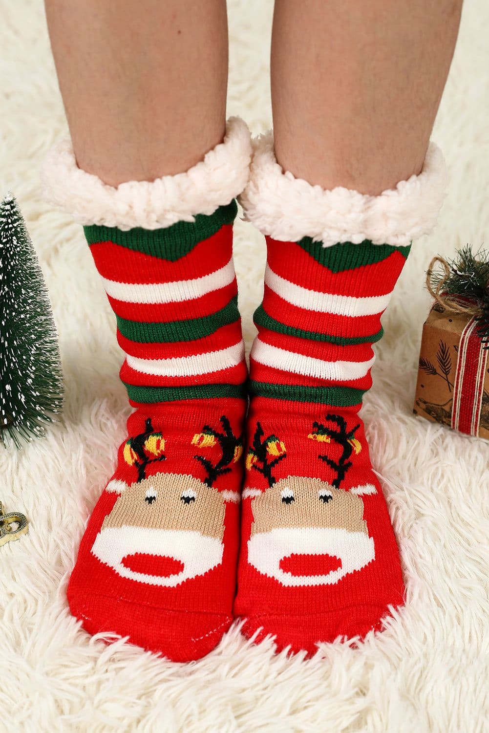 image-Fiery Red Christmas Cartoon Pattern Woolen Knit Socks