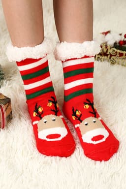 image-Fiery Red Christmas Cartoon Pattern Woolen Knit Socks
