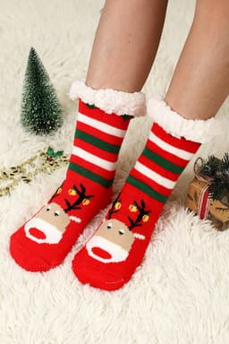 image-Fiery Red Christmas Cartoon Pattern Woolen Knit Socks