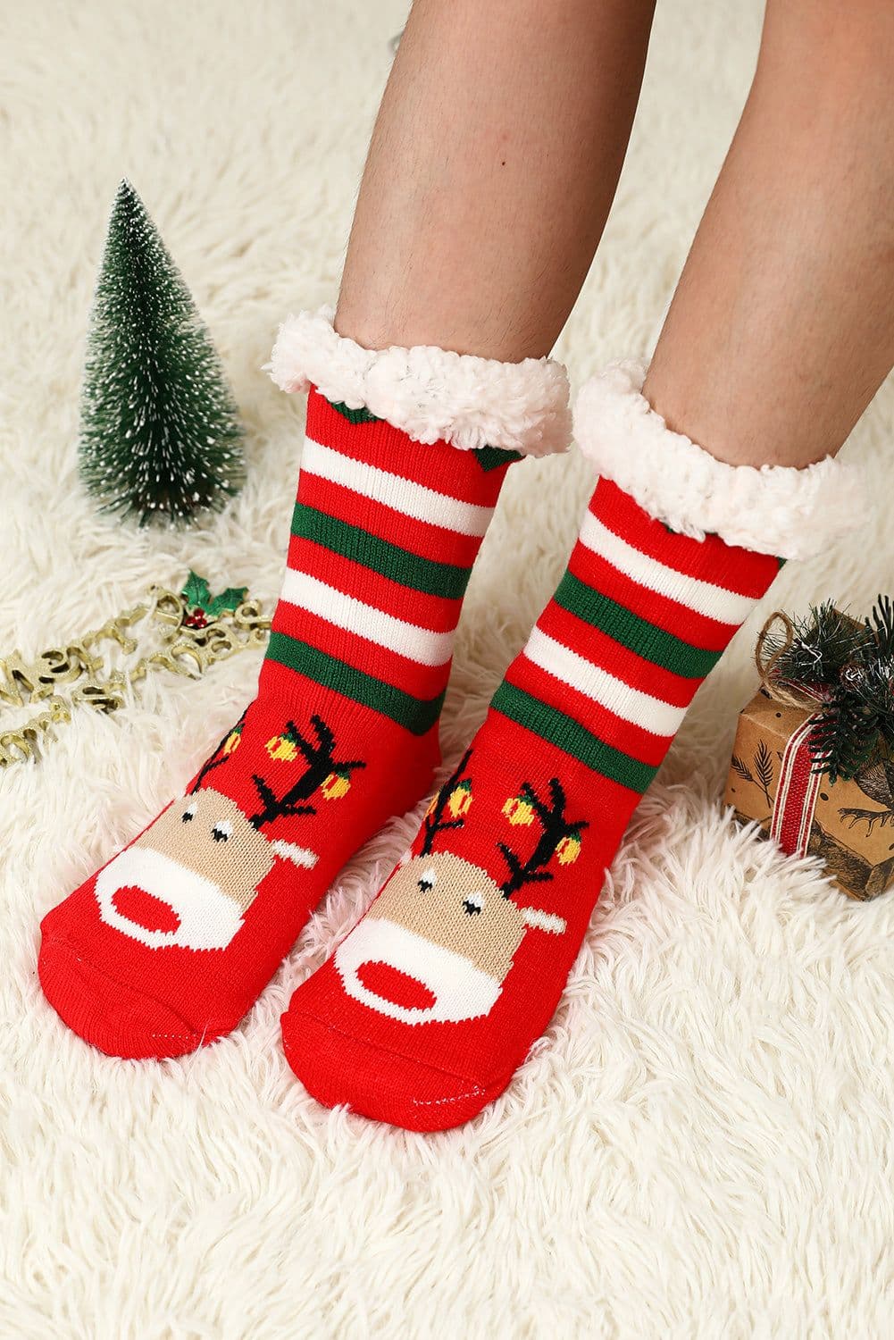 image-Fiery Red Christmas Cartoon Pattern Woolen Knit Socks