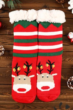 image-Fiery Red Christmas Cartoon Pattern Woolen Knit Socks