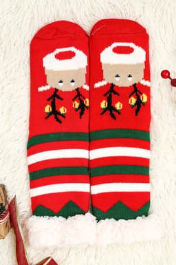 image-Fiery Red Christmas Cartoon Pattern Woolen Knit Socks