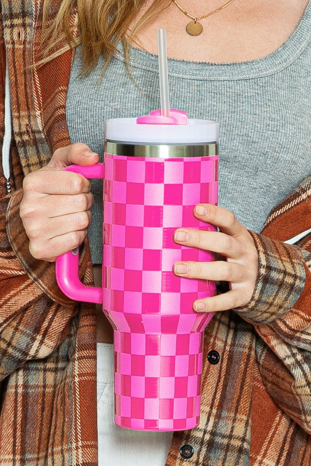 image-Bright Pink Checkered Print Handled Stainless Steel Tumbler Cup 40oz