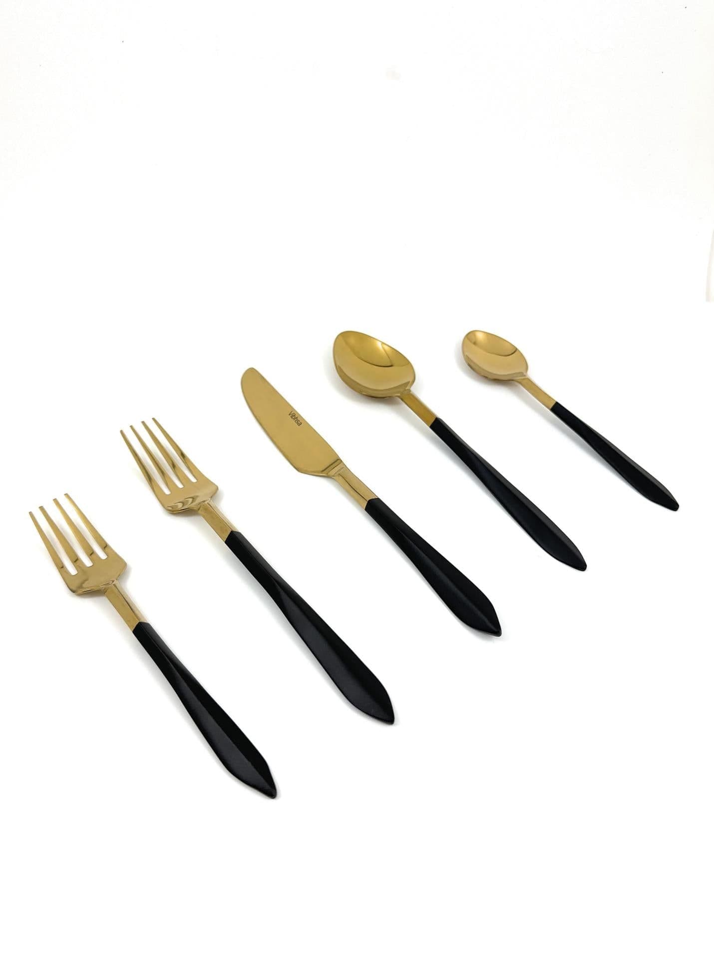 image-Stainless Steel Mette Black and Golden Flatware set of 20