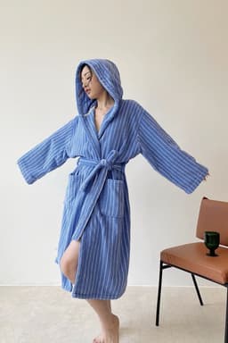 image-Blue Retro Hooded Stripe Bathrobe, 100% ORGANIC Long-stapled Cotton
