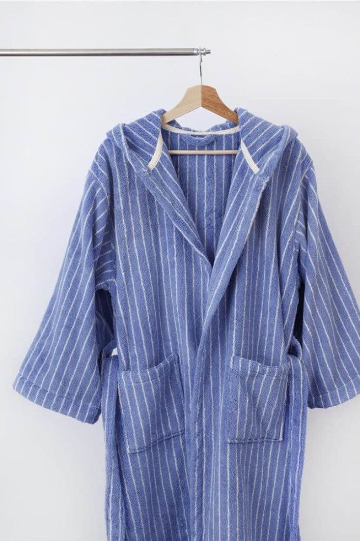 image-Blue Retro Hooded Stripe Bathrobe, 100% ORGANIC Long-stapled Cotton