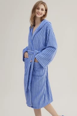 image-Blue Retro Hooded Stripe Bathrobe, 100% ORGANIC Long-stapled Cotton