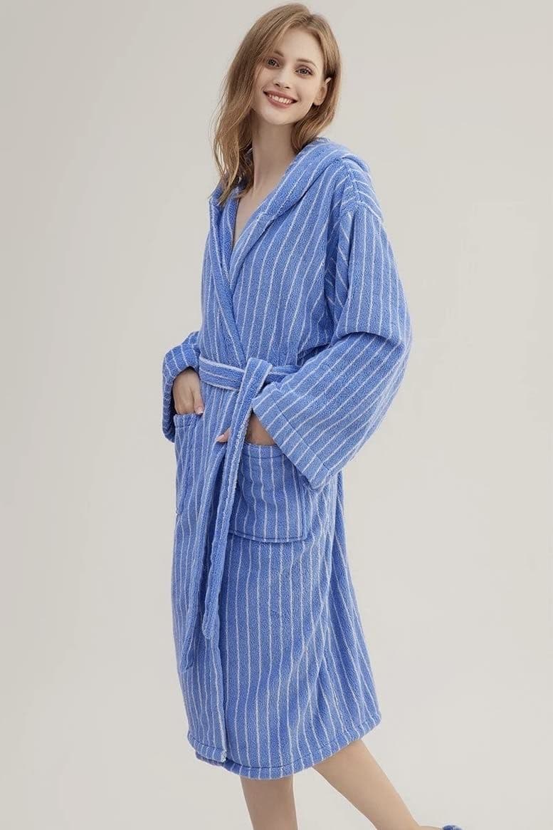 image-Blue Retro Hooded Stripe Bathrobe, 100% ORGANIC Long-stapled Cotton