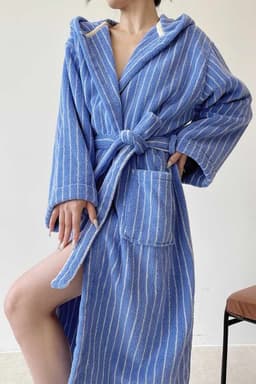 image-Blue Retro Hooded Stripe Bathrobe, 100% ORGANIC Long-stapled Cotton