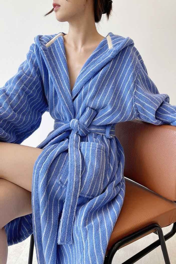 image-Blue Retro Hooded Stripe Bathrobe, 100% ORGANIC Long-stapled Cotton