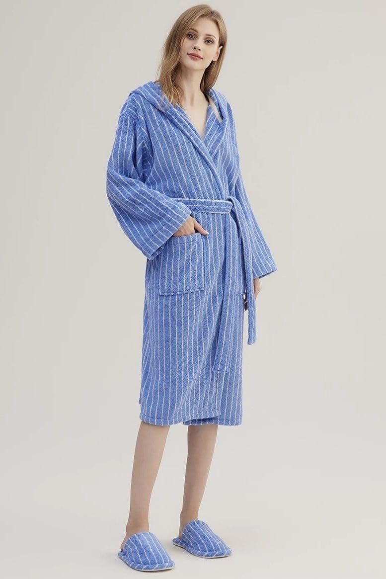 image-Blue Retro Hooded Stripe Bathrobe, 100% ORGANIC Long-stapled Cotton