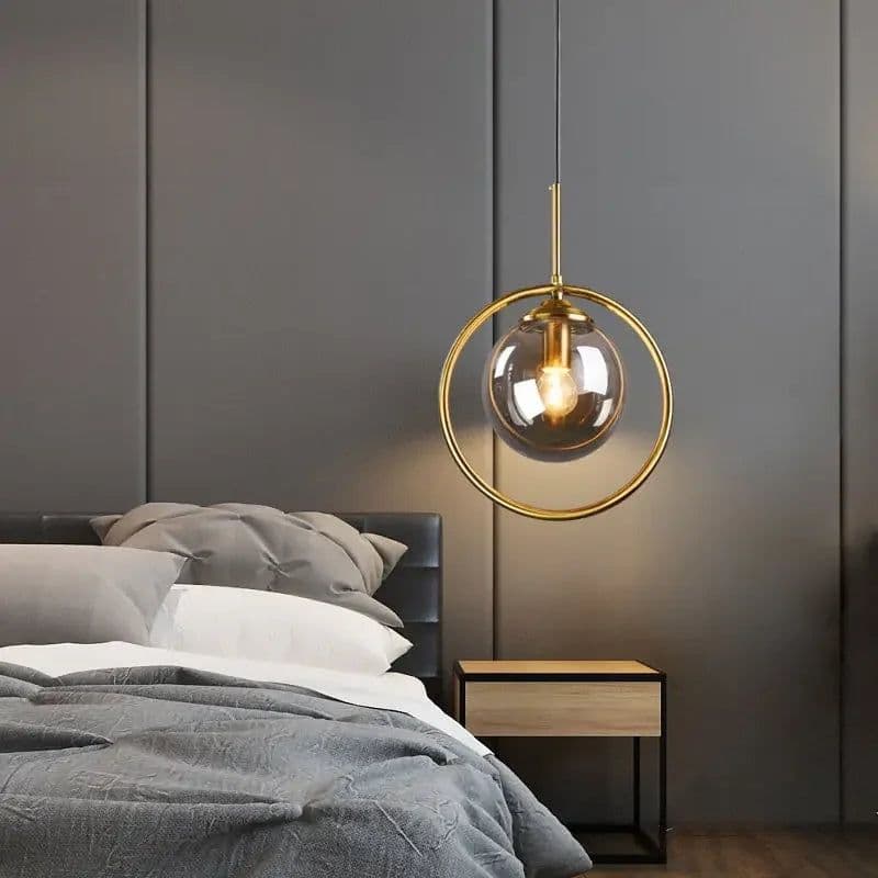 image-Modern Glass Ball Pendant Lighting Fixture Golden Ring Kitchen Dining Room Bedside Hanging Lamps Luminaire Suspension Lights