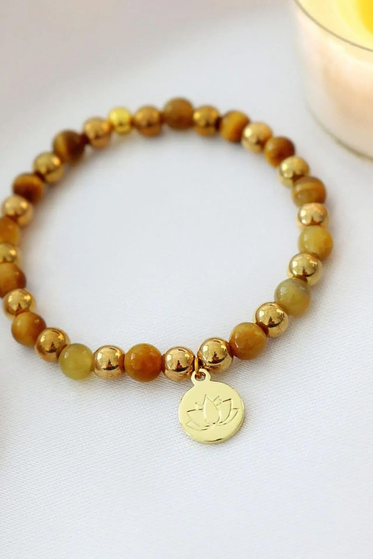 image-Tiger's Eye Stone Elastic Bracelet | 24K Lotus Flower