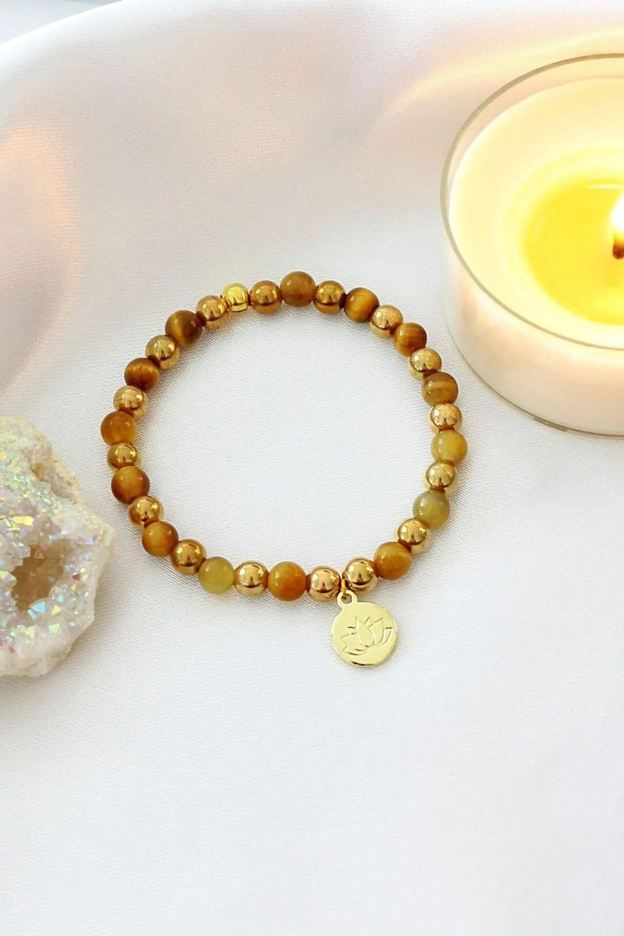 image-Tiger's Eye Stone Elastic Bracelet | 24K Lotus Flower