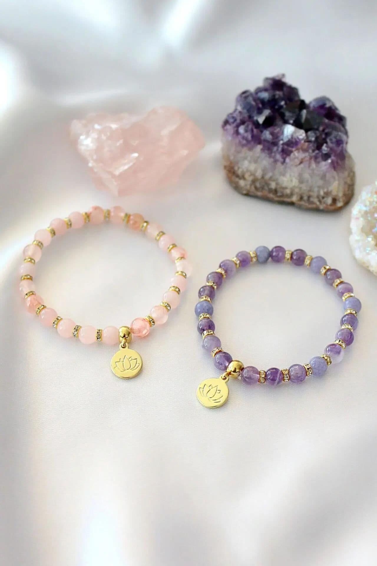 image-"Peace & Love" Rose Quartz - Amethyst Elastic Bracelet | 24K Lotus Flower Charm