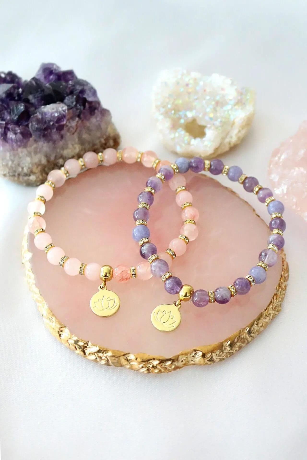 image-"Peace & Love" Rose Quartz - Amethyst Elastic Bracelet | 24K Lotus Flower Charm