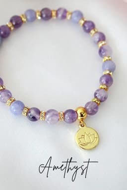 image-"Peace & Love" Rose Quartz - Amethyst Elastic Bracelet | 24K Lotus Flower Charm