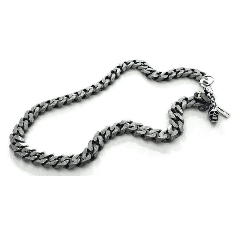image-Silver skull and chain mens necklace. Mens gift, Gift for Men.