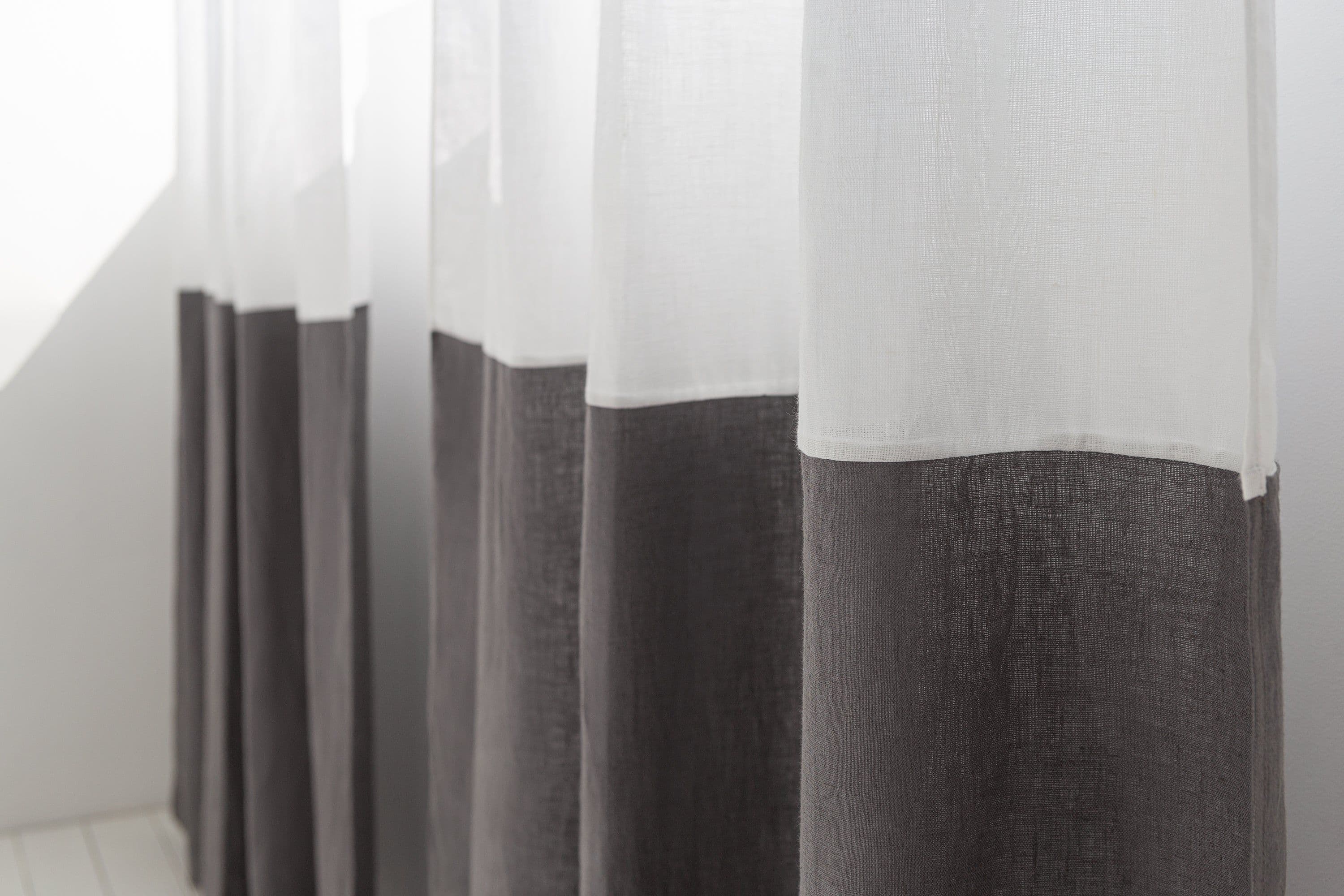 image-White and Pastel Plum linen curtains with tape, two tones
